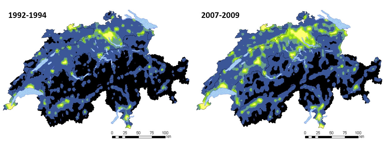 Lichtverschmutzung in der Schweiz 1994 bis 2004